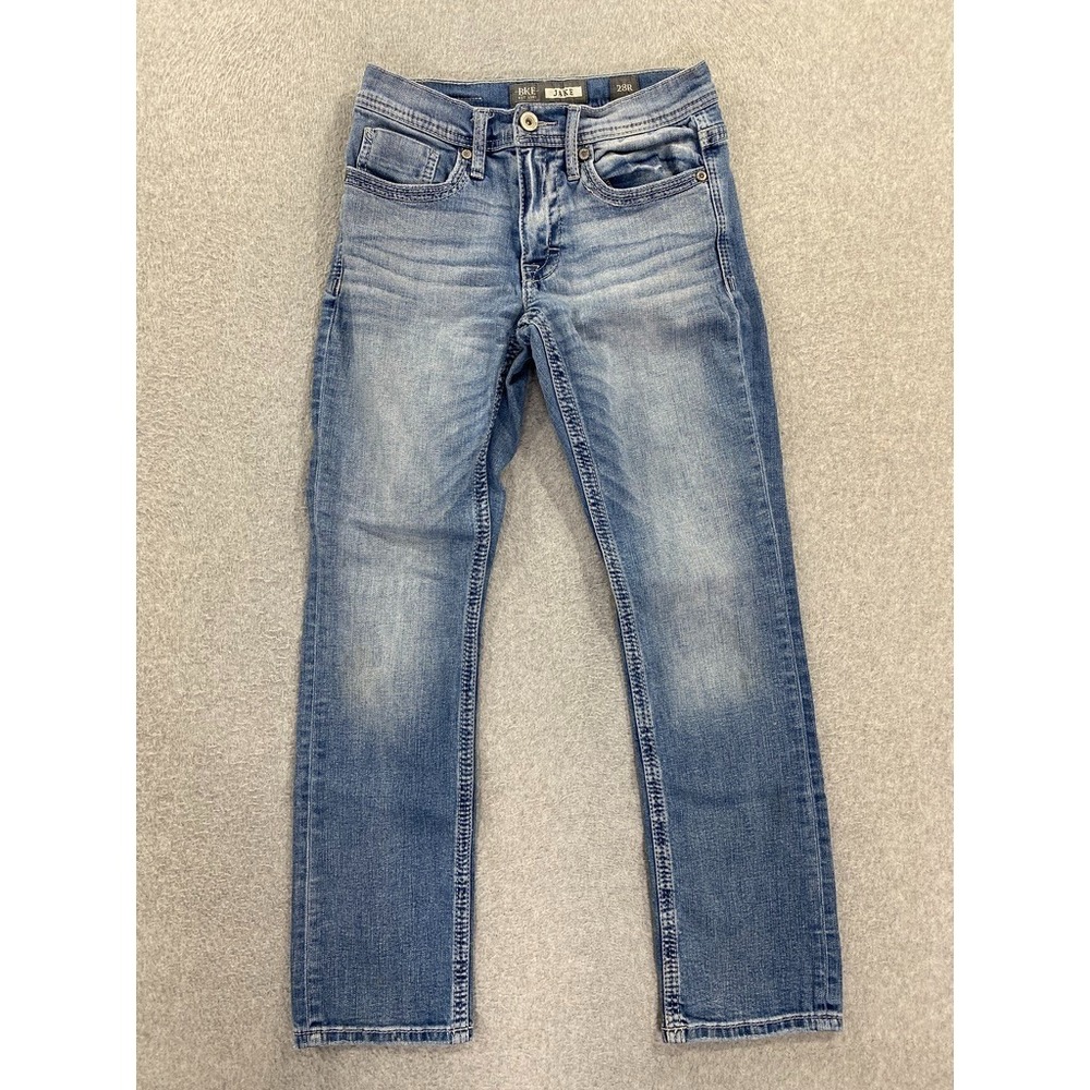 BKE Jake Straight Jeans Mens 28x30.5 Light‎ Wash Distressed Thick Stitch Denim